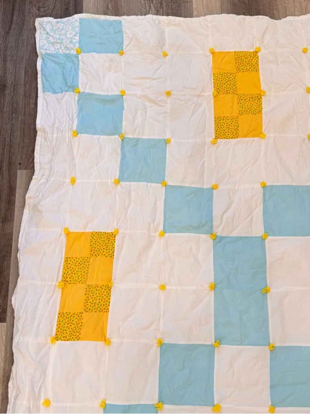 Vintage Handmade Patchwork Quilt White, Blue & Yellow Tattered Country